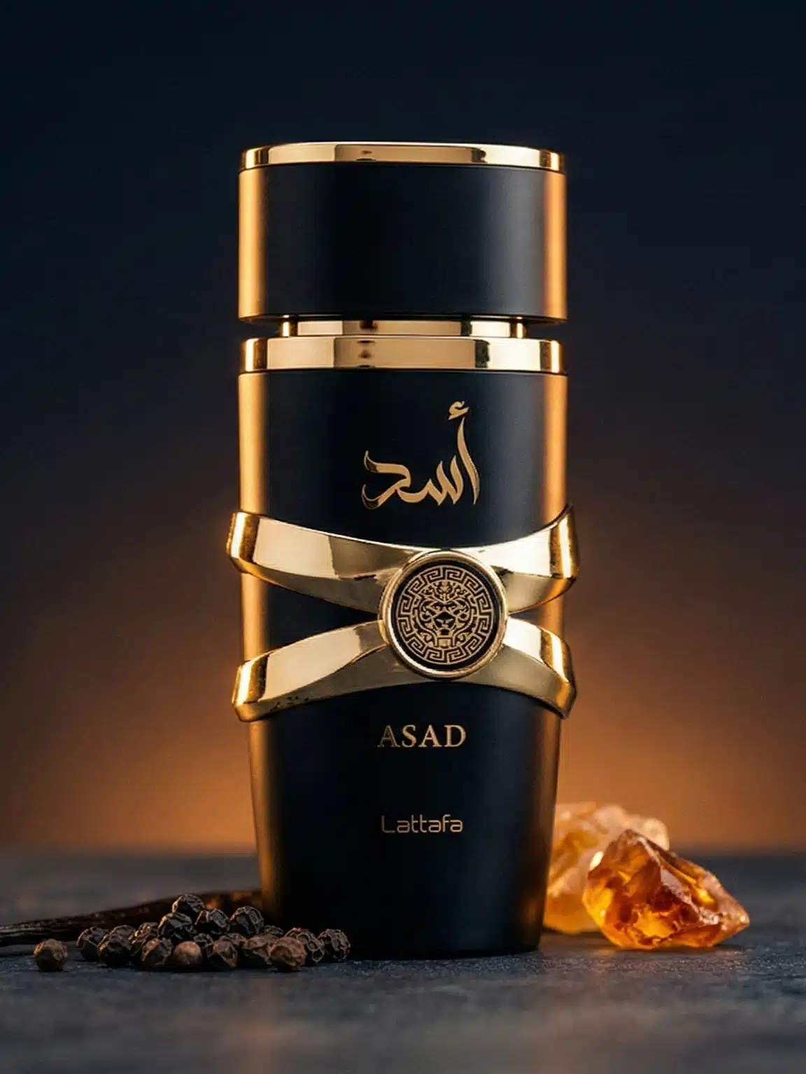 Lattafa Asad bottle in a bold winter night editorial scene