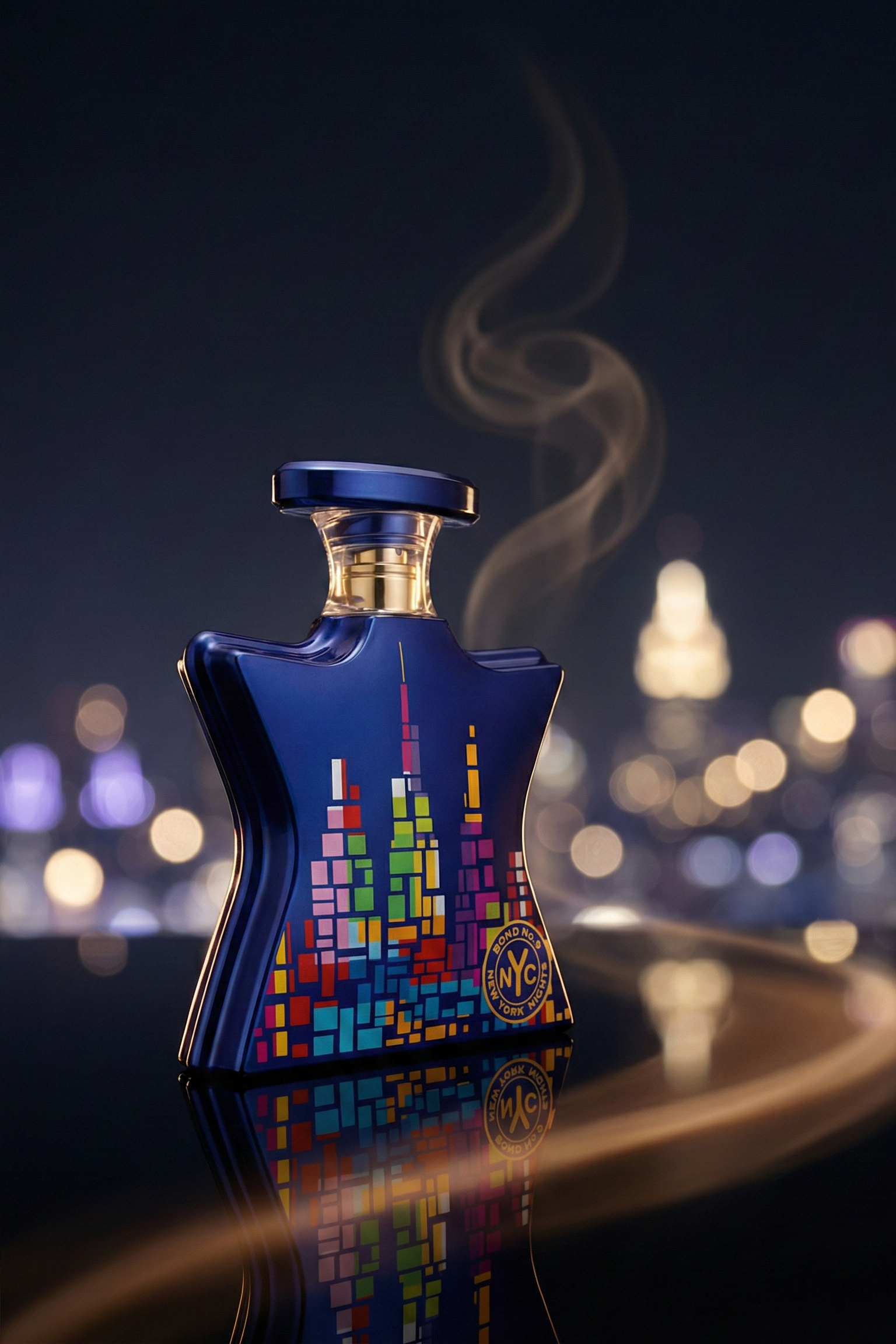 Bond No. 9 New York Nights bottle in a playful gourmand night scene