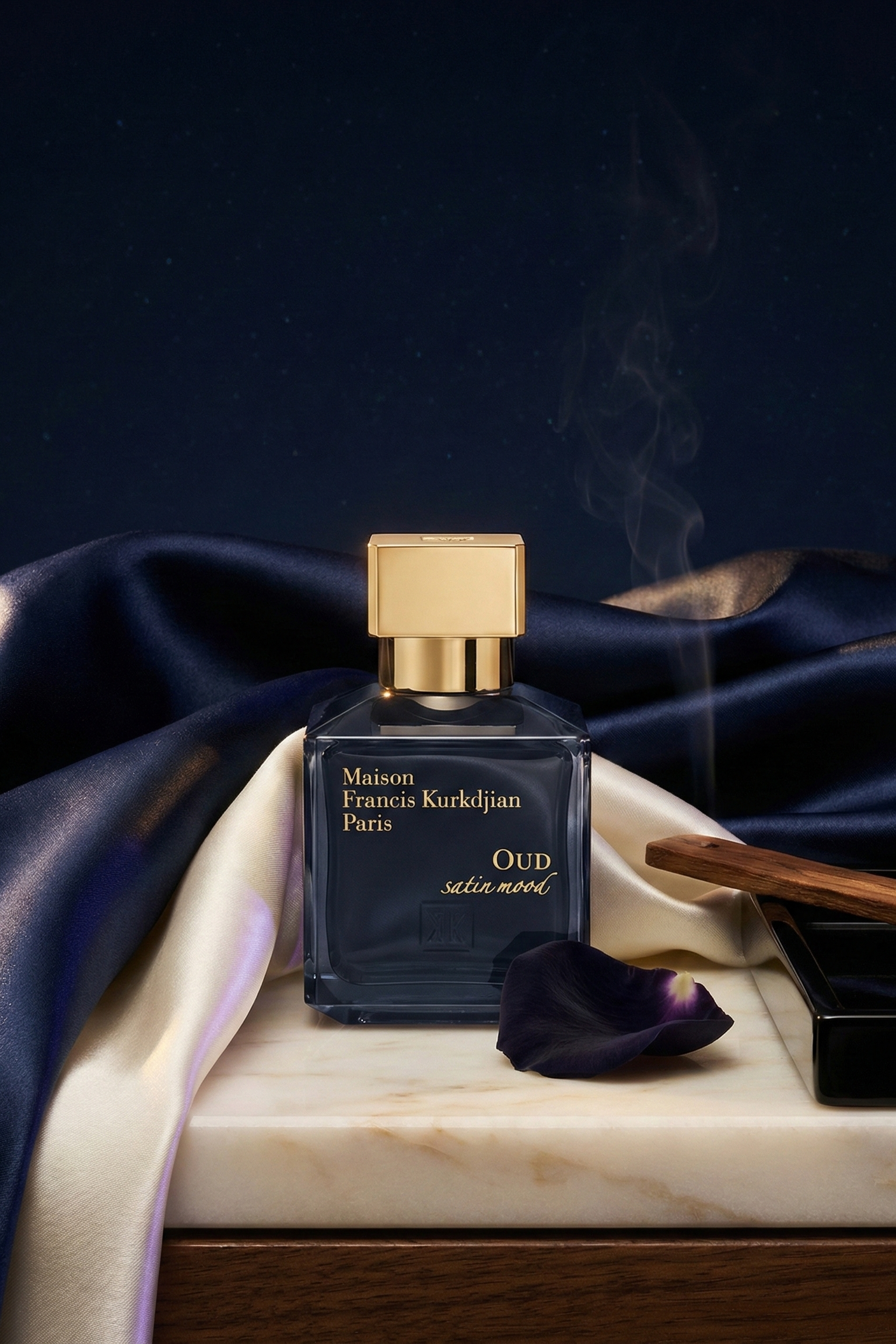 MFK Oud Satin Mood bottle in a luxurious rose-oud editorial scene