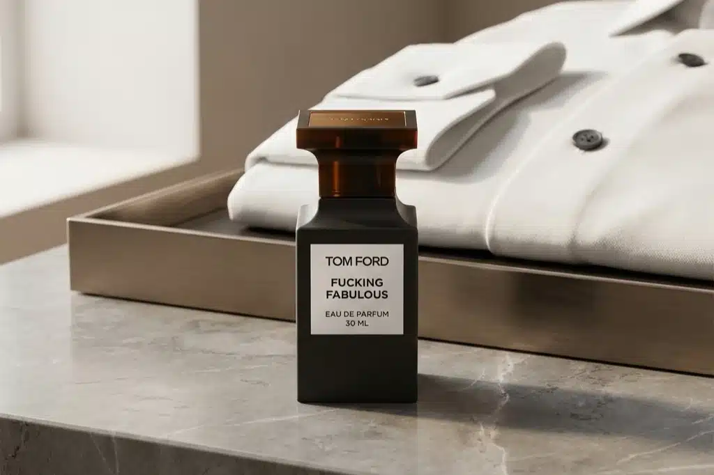 Tom Ford Fucking Fabulous in a clean, fashion-forward editorial scene for a leather fragrance guide