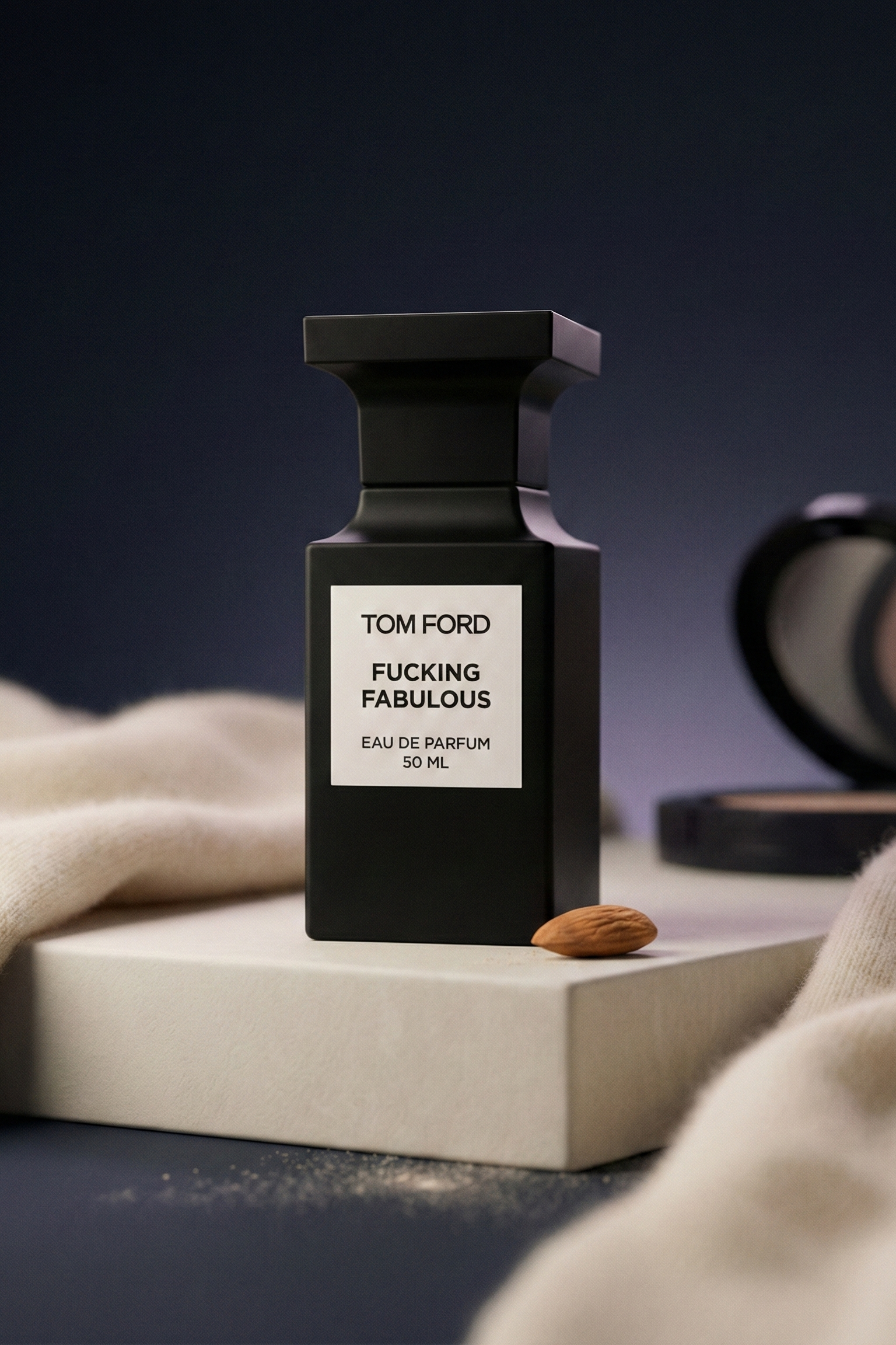 Tom Ford Fucking Fabulous bottle in a dark fashion editorial scene