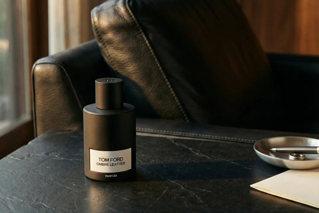 om Ford Ombre Leather Parfum in a moody editorial still-life for a leather fragrance guide