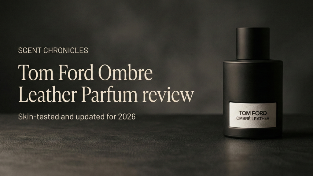 Dark, cinematic hero image of Tom Ford Ombre Leather Parfum with overlaid title text for the 2026 review.