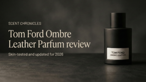 Dark, cinematic hero image of Tom Ford Ombre Leather Parfum with overlaid title text for the 2026 review.
