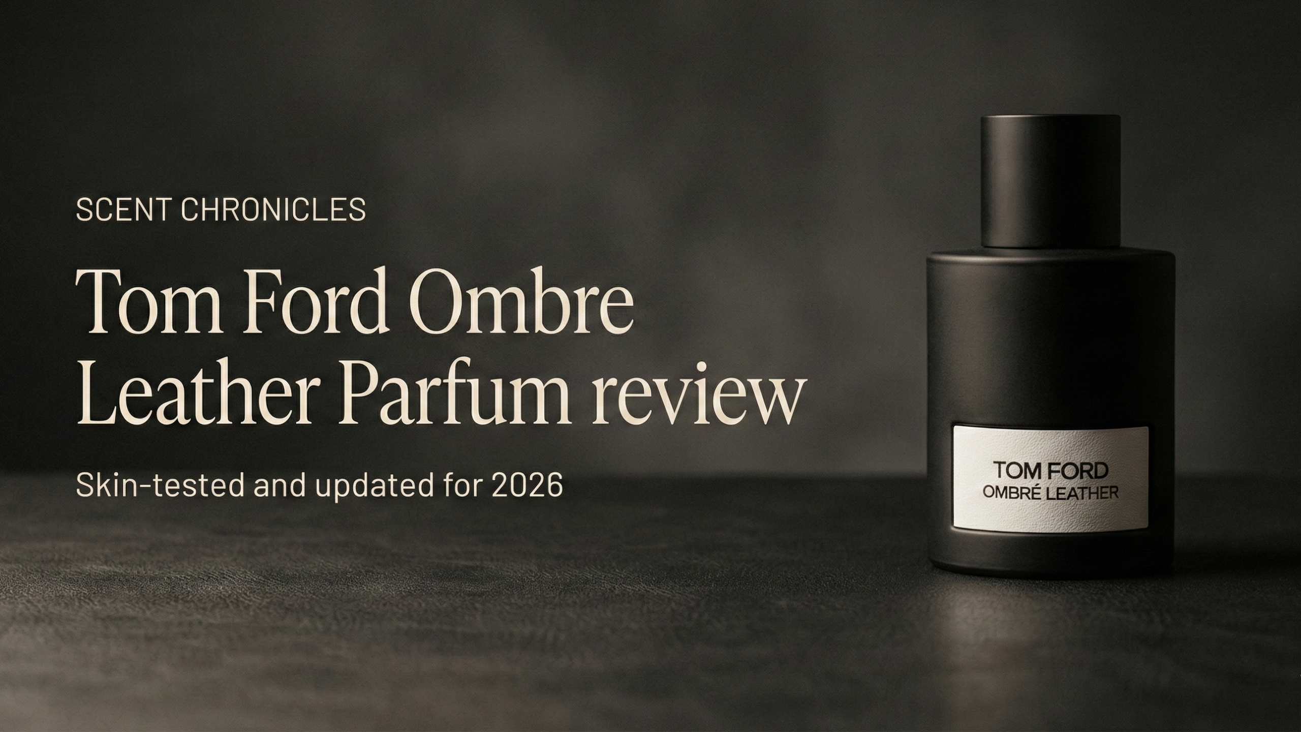 Dark, cinematic hero image of Tom Ford Ombre Leather Parfum with overlaid title text for the 2026 review.