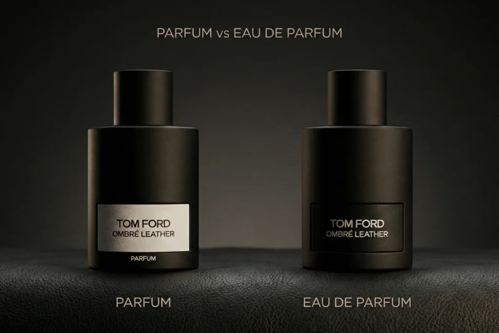 Side-by-side editorial image comparing Tom Ford Ombre Leather Parfum and Ombre Leather Eau de Parfum in low light.