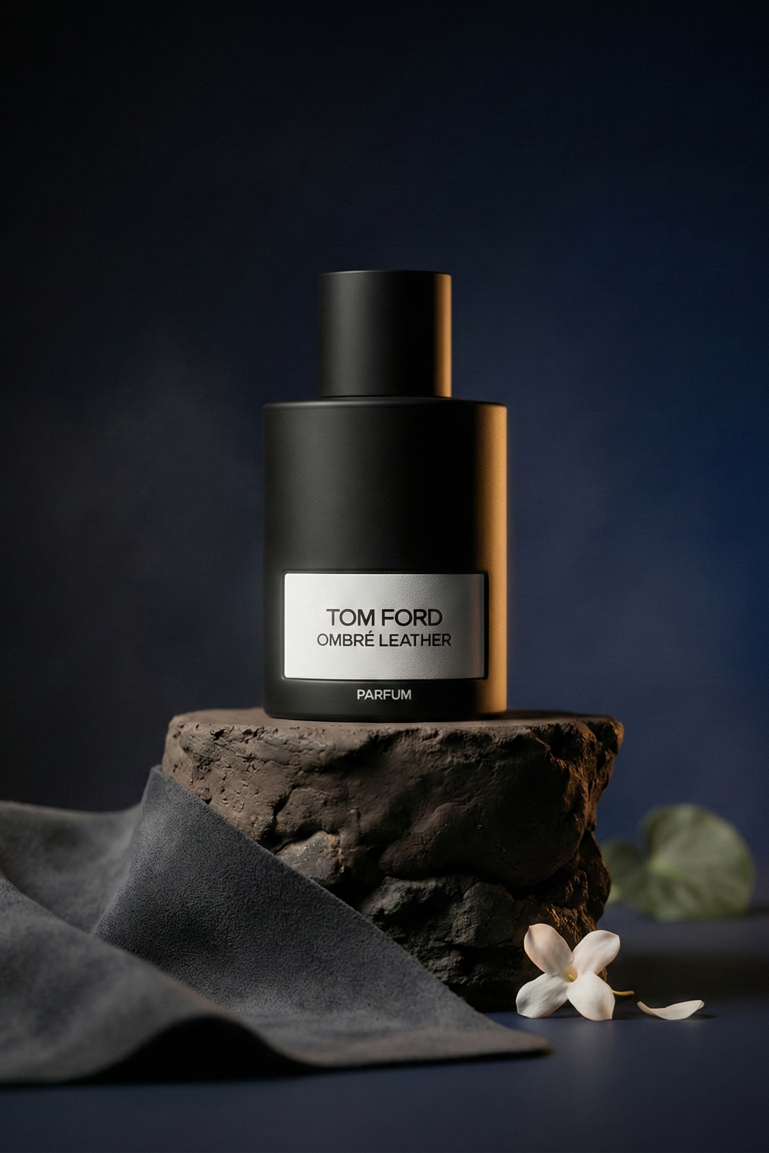 Tom Ford Ombre Leather Parfum bottle in a dark editorial scene