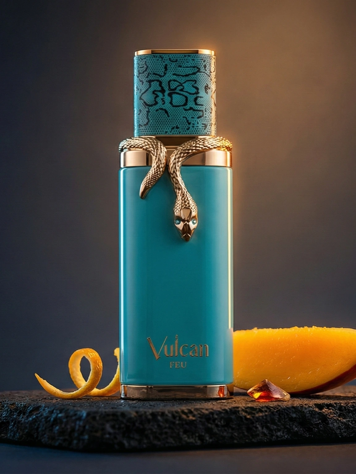 French Avenue Vulcan Feu bottle in a mango night editorial scene