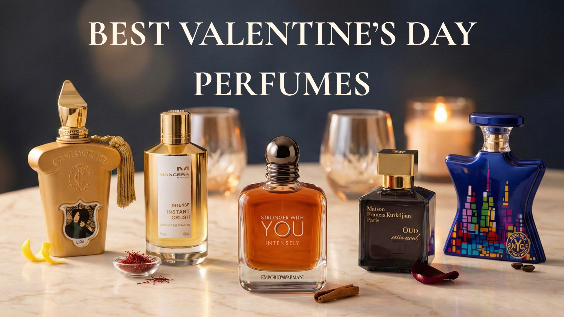 Five Valentine’s Day perfumes styled in a luxury editorial lineup on a candlelit date-night table.