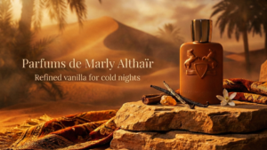 Parfums de Marly Althaïr perfume bottle on warm stone with vanilla pods and cinnamon, luxury vanilla fragrance review