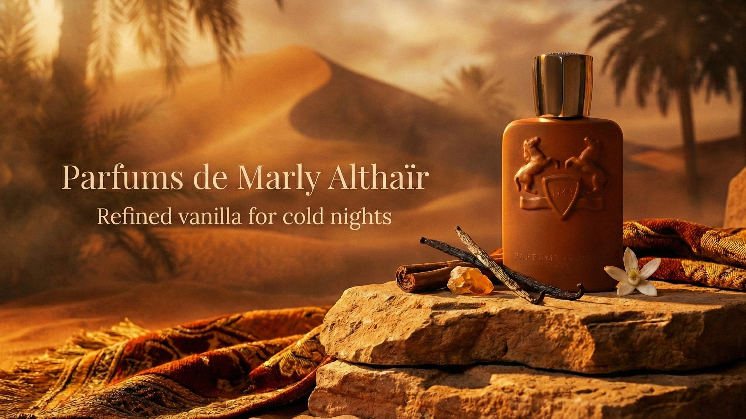 Parfums de Marly Althaïr perfume bottle on warm stone with vanilla pods and cinnamon, luxury vanilla fragrance review
