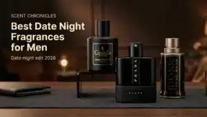 Hero image for best date night fragrances for men featuring Prada Luna Rossa Black, Gisada Ambassador Intense, and Hugo Boss The Scent Magnetic.