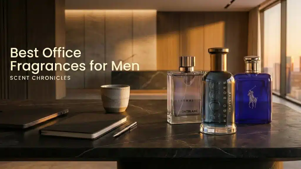 A luxury marble office desk at golden hour featuring three cologne bottles: Montblanc Starwalker, Hugo Boss Bottled Infinite, and Ralph Lauren Polo Blue. A laptop, notebook, and coffee cup are on the desk with a city skyline view in the background. Text overlay on the left reads "Best Office Fragrances for Men" and "Scent Chronicles".
