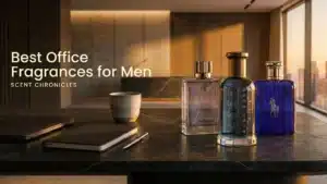 A luxury marble office desk at golden hour featuring three cologne bottles: Montblanc Starwalker, Hugo Boss Bottled Infinite, and Ralph Lauren Polo Blue. A laptop, notebook, and coffee cup are on the desk with a city skyline view in the background. Text overlay on the left reads "Best Office Fragrances for Men" and "Scent Chronicles".