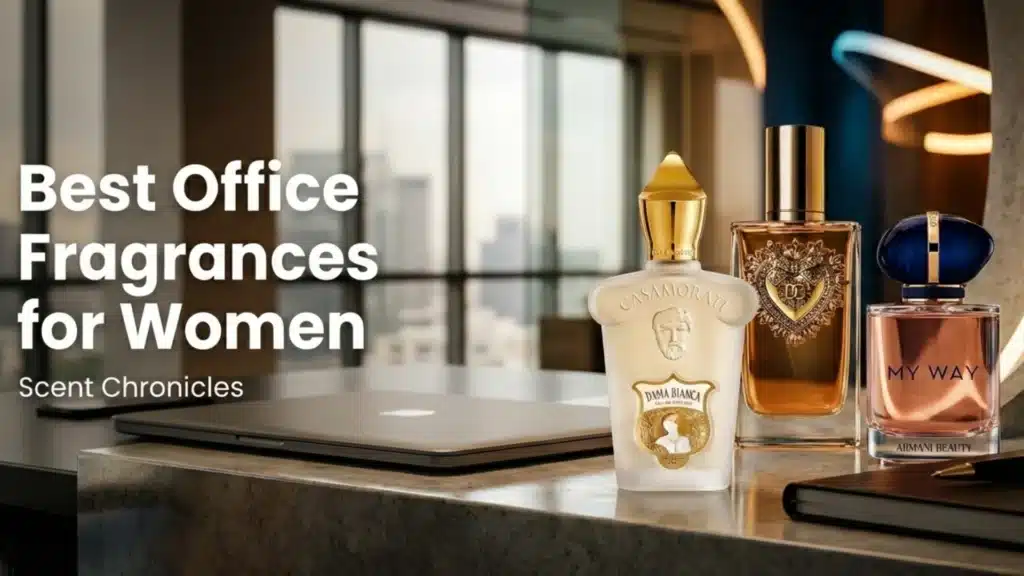 Best office fragrances for women hero image featuring Dama Bianca, Devotion, and My Way on a minimalist desk for a meeting-safe, professional vibe
