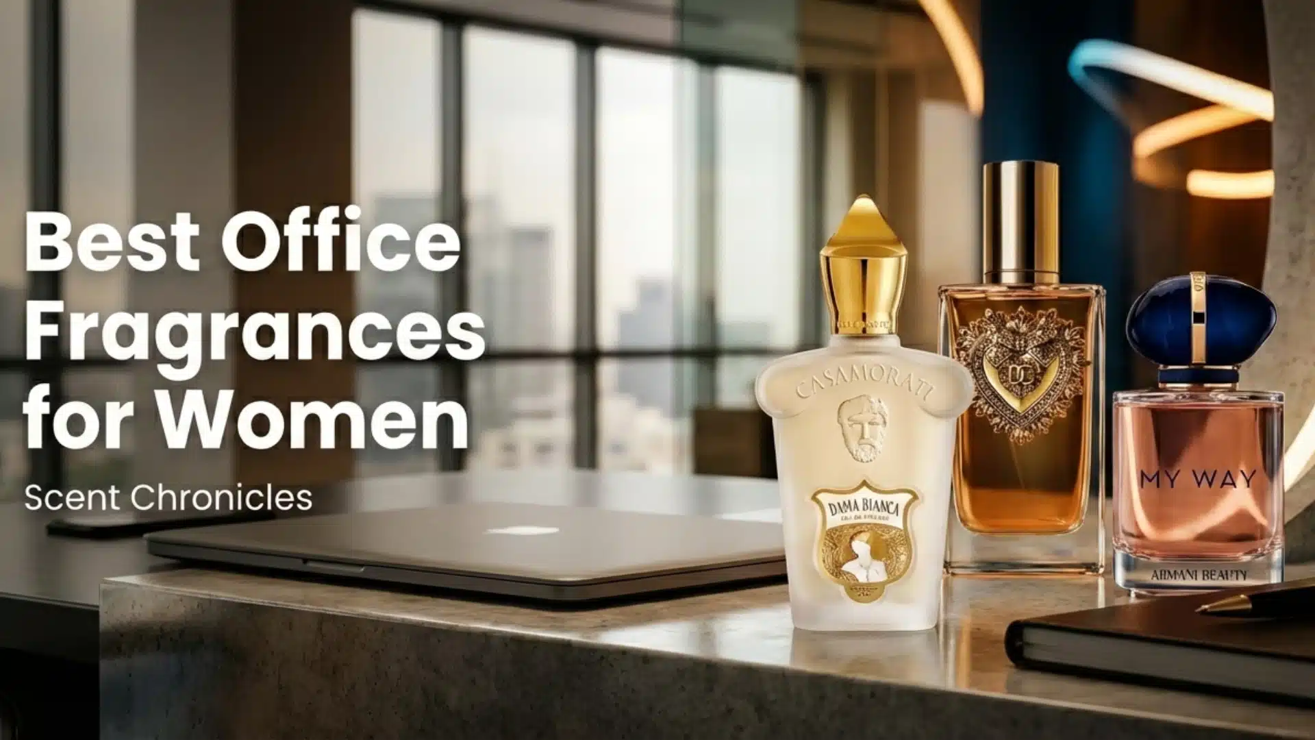 Best office fragrances for women hero image featuring Dama Bianca, Devotion, and My Way on a minimalist desk for a meeting-safe, professional vibe