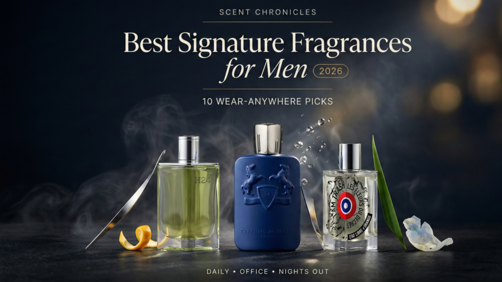 Editorial hero image showing three perfume bottles (Parfums de Marly Percival, Etat Libre d’Orange I Am Trash, and Hermès H24) for Scent Chronicles’ Best Signature Fragrances for Men 2026 guide.
