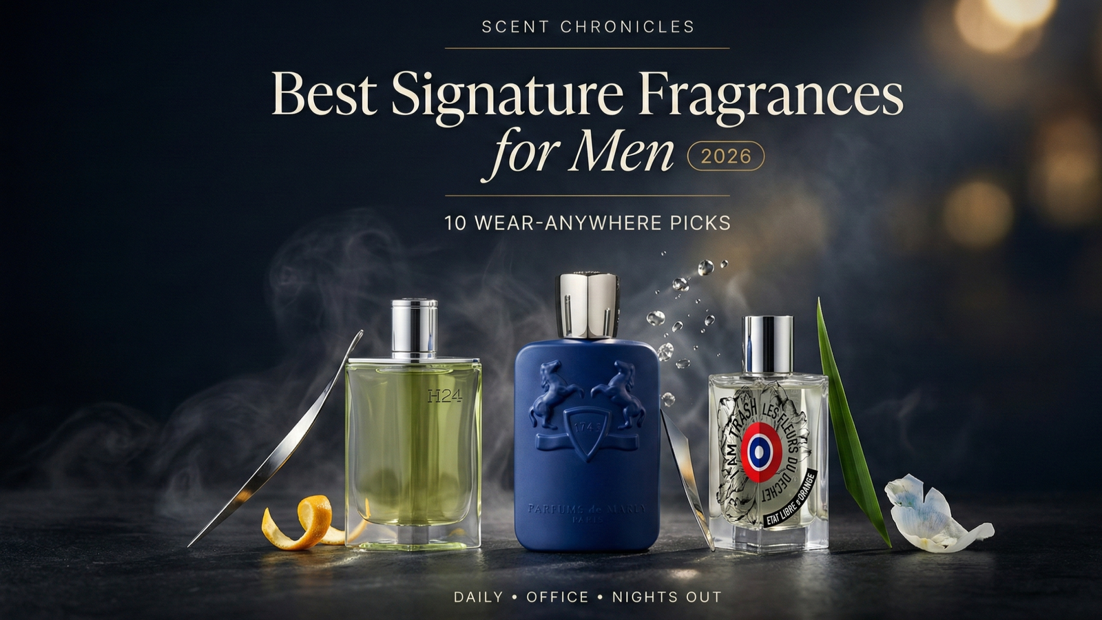 Editorial hero image showing three perfume bottles (Parfums de Marly Percival, Etat Libre d’Orange I Am Trash, and Hermès H24) for Scent Chronicles’ Best Signature Fragrances for Men 2026 guide.