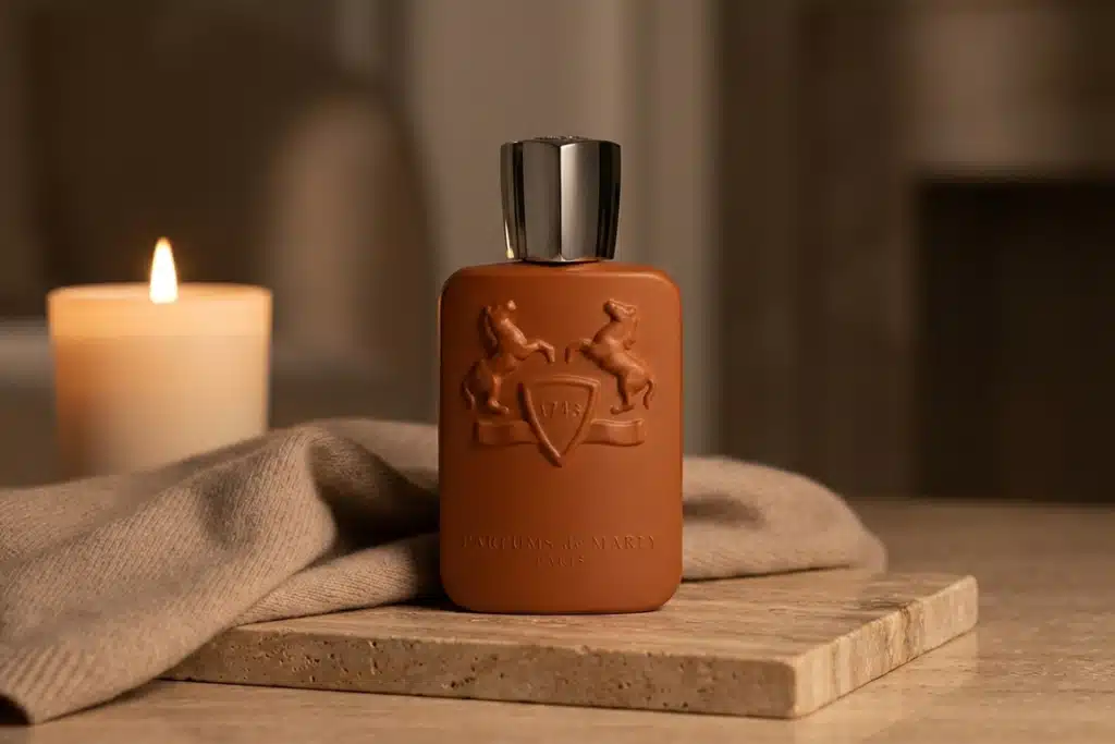 Parfums de Marly Althaïr perfume bottle in a warm evening setting with soft candlelight