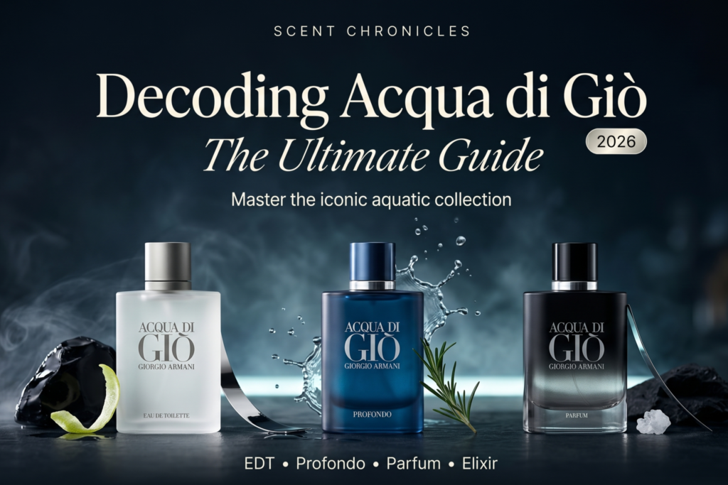 Editorial hero image for an Acqua di Giò guide showing EDT, Profondo, Parfum, and Elixir bottles against a dark oceanic background