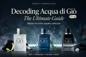 Editorial hero image for an Acqua di Giò guide showing EDT, Profondo, Parfum, and Elixir bottles against a dark oceanic background