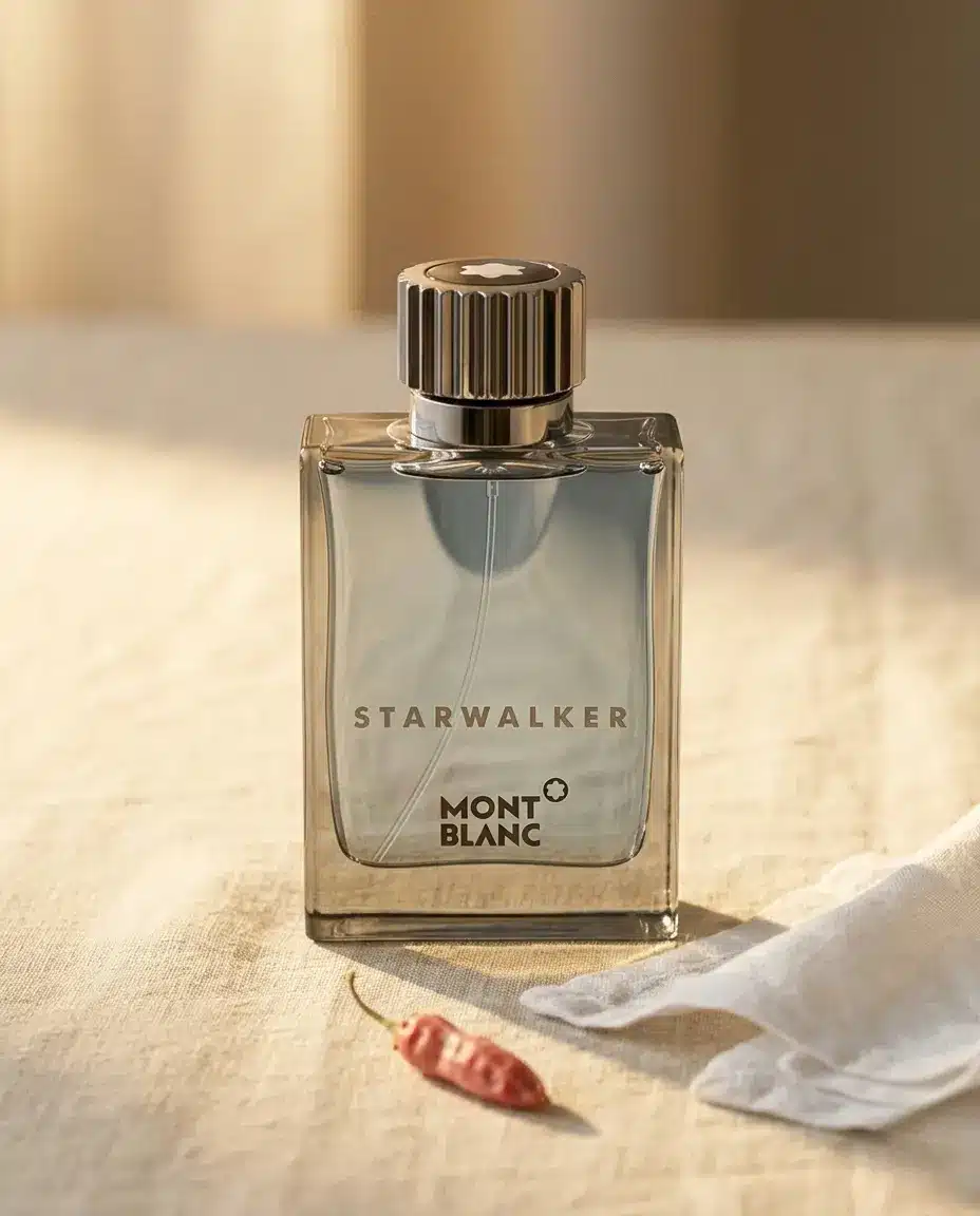 Montblanc Starwalker bottle on cream linen, golden hour, editorial vertical still life