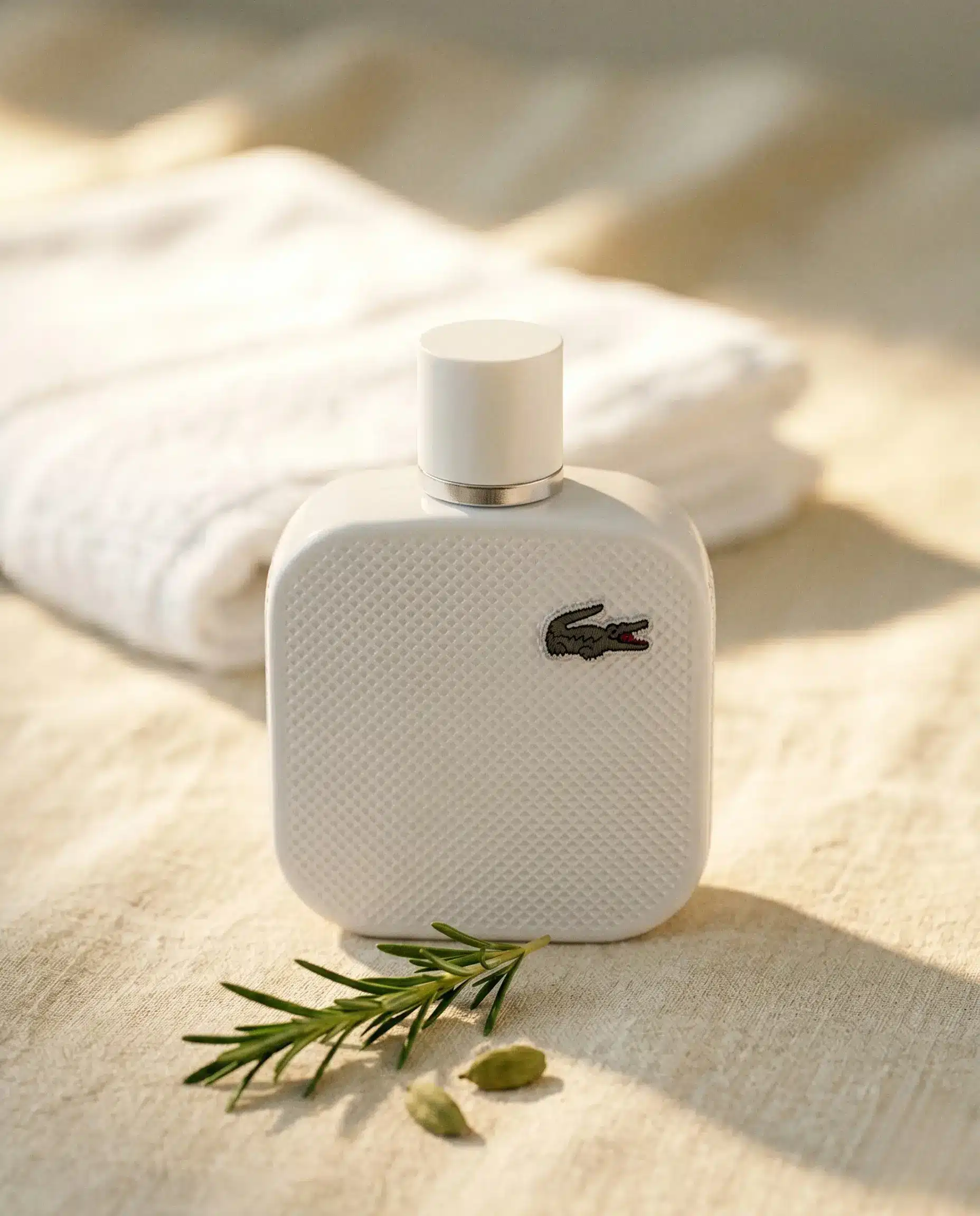 Lacoste L.12.12 Blanc bottle with rosemary and cardamom