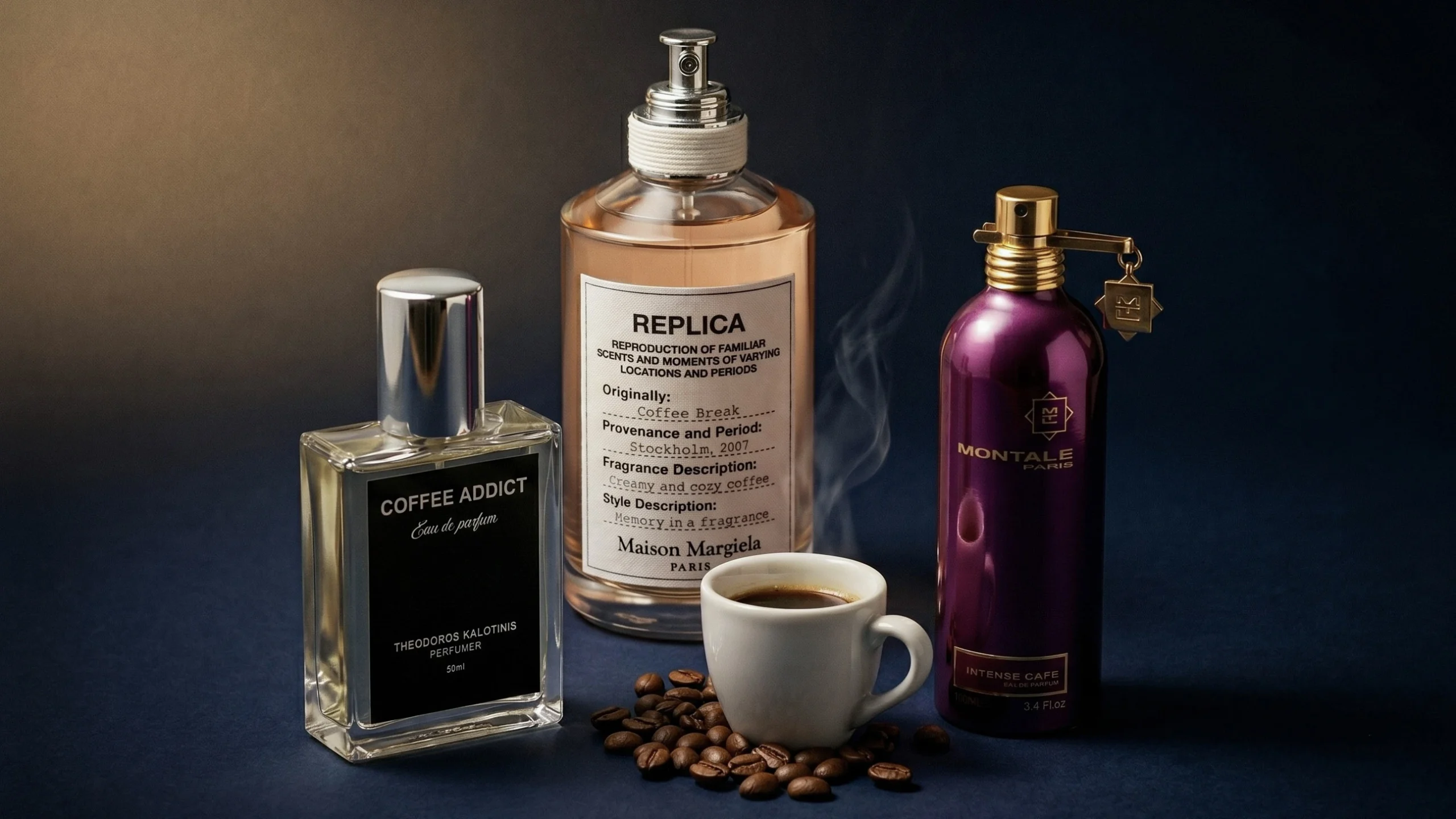 Three coffee perfume bottles in triangular composition on dark navy: Margiela Replica Coffee Break, Kalotinis Coffee Addict, Montale Intense Café, espresso cup and coffee beans in foreground