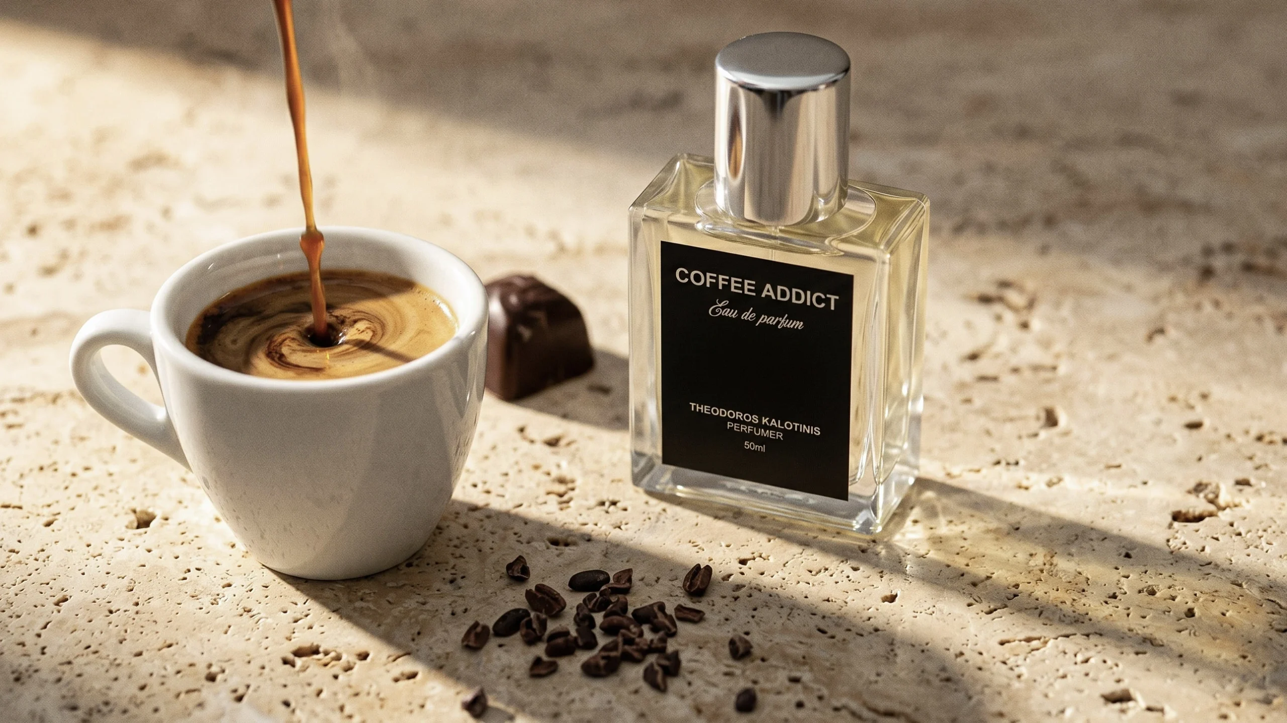 Coffee Addict bottle on warm travertine with espresso pour and cocoa nibs in soft focus