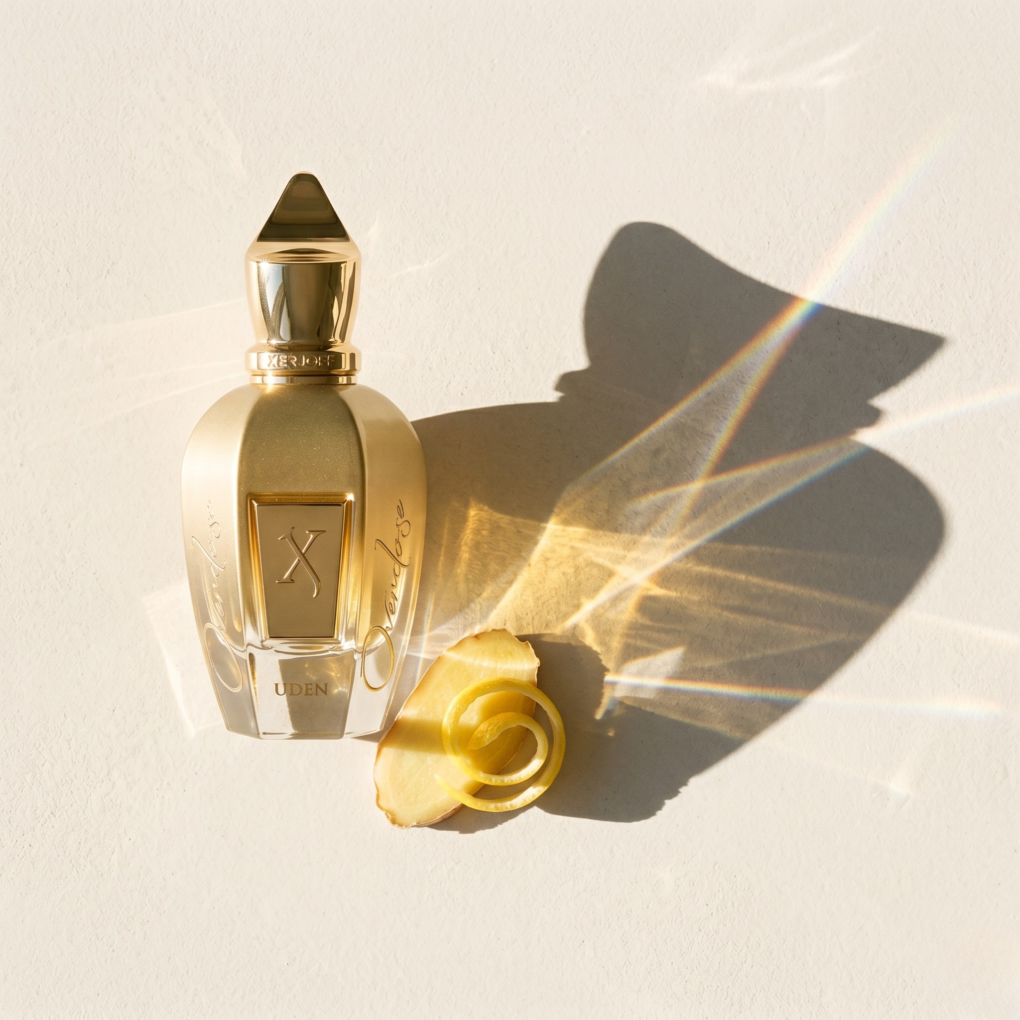Xerjoff Uden Overdose gold perfume bottle with ginger and lemon peel in spring light