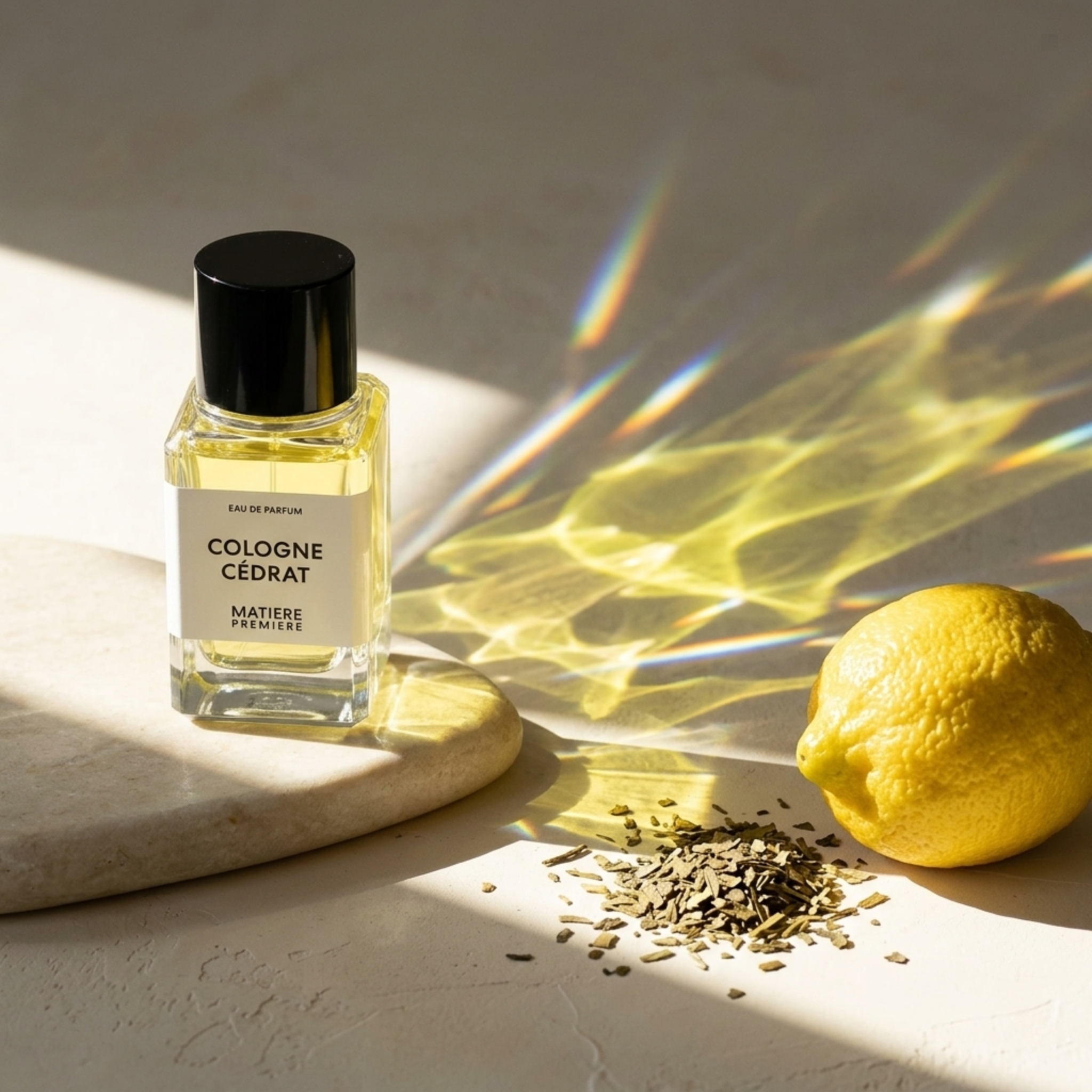 Matiere Premiere Cologne Cedrat perfume with whole lemon and mate leaves, yellow light refraction
