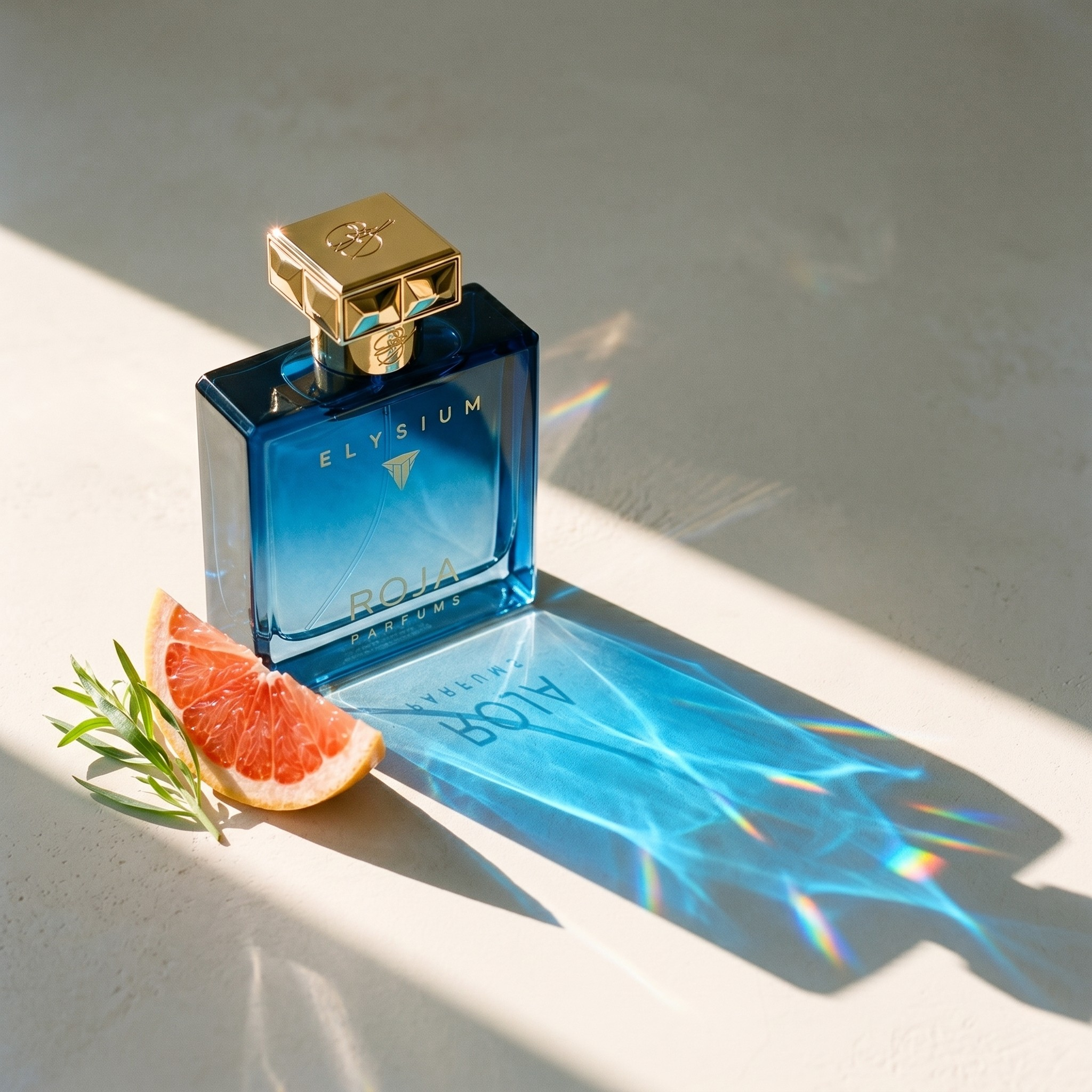 Roja Elysium Pour Homme blue perfume bottle casting a cool blue caustic with grapefruit