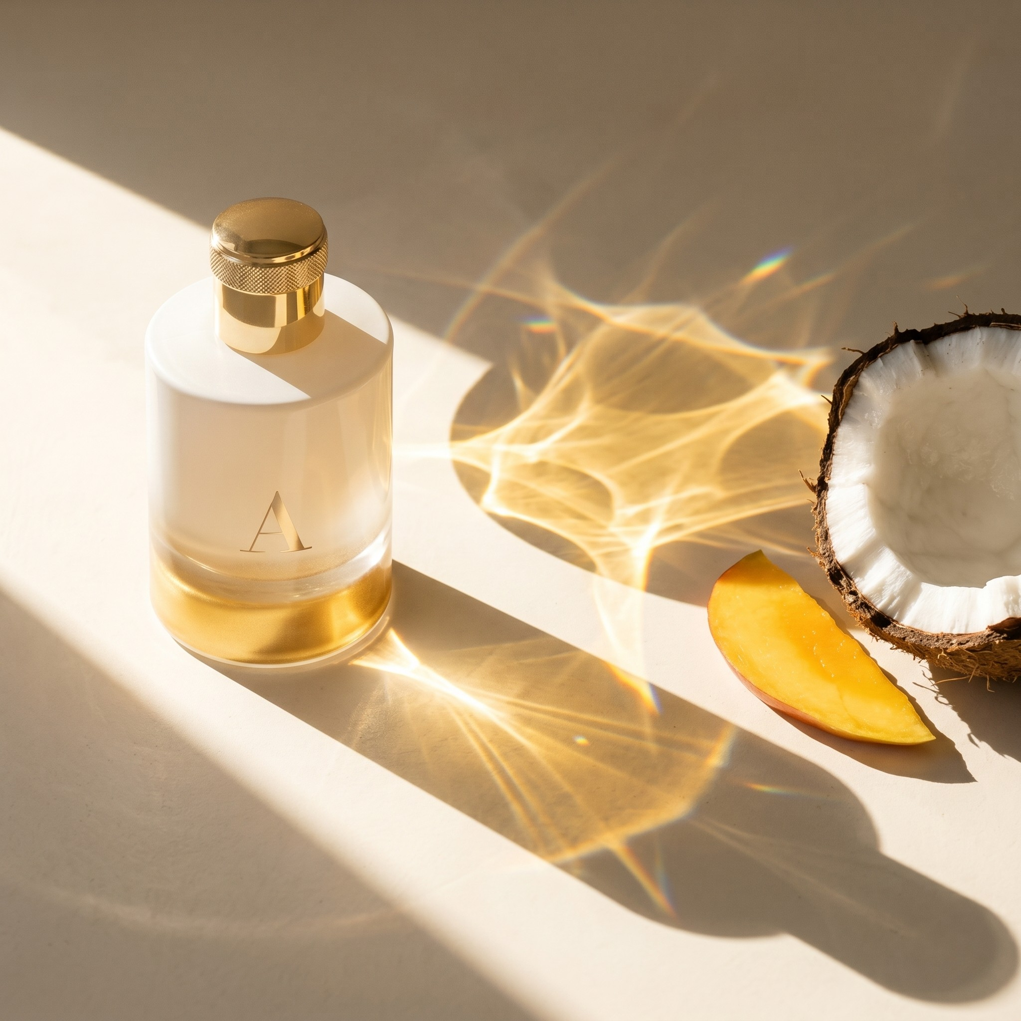Pantheon Roma A frosted perfume bottle with coconut and mango in warm golden light