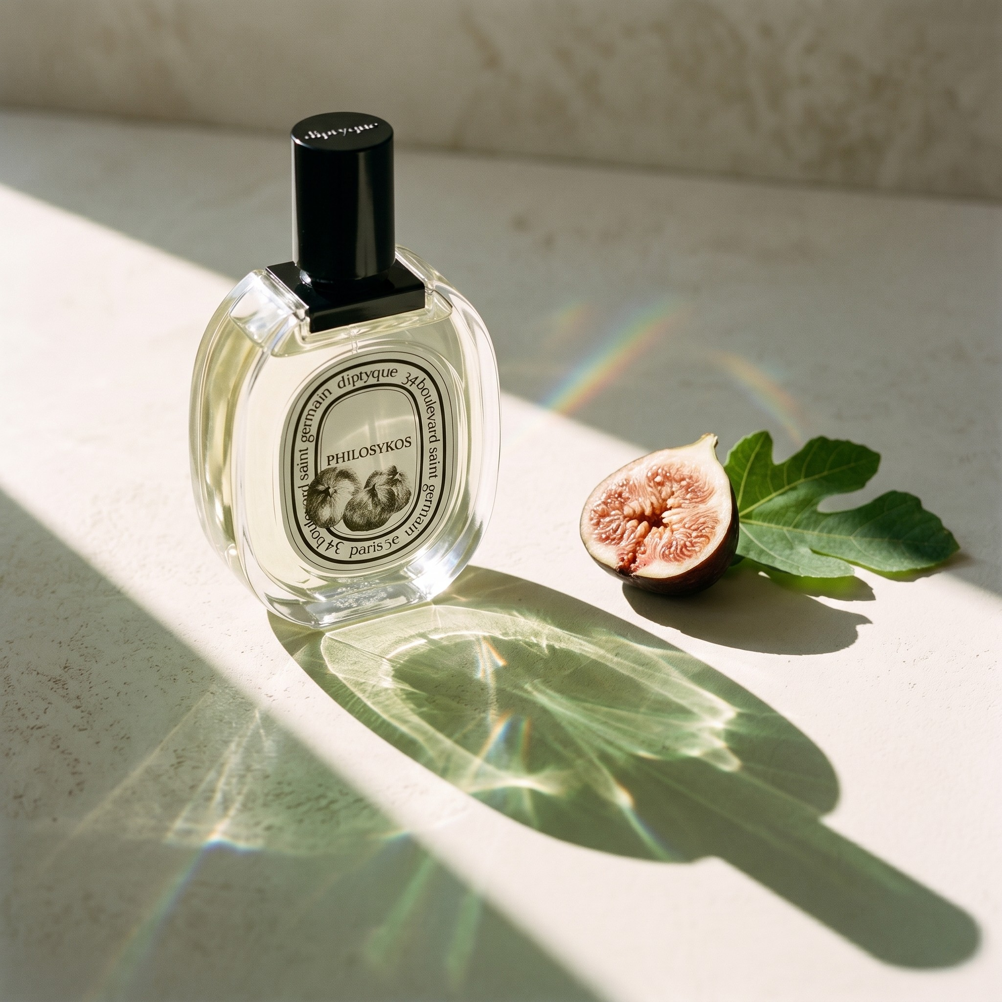 Diptyque Philosykos perfume with fresh fig and fig leaf casting a green shadow