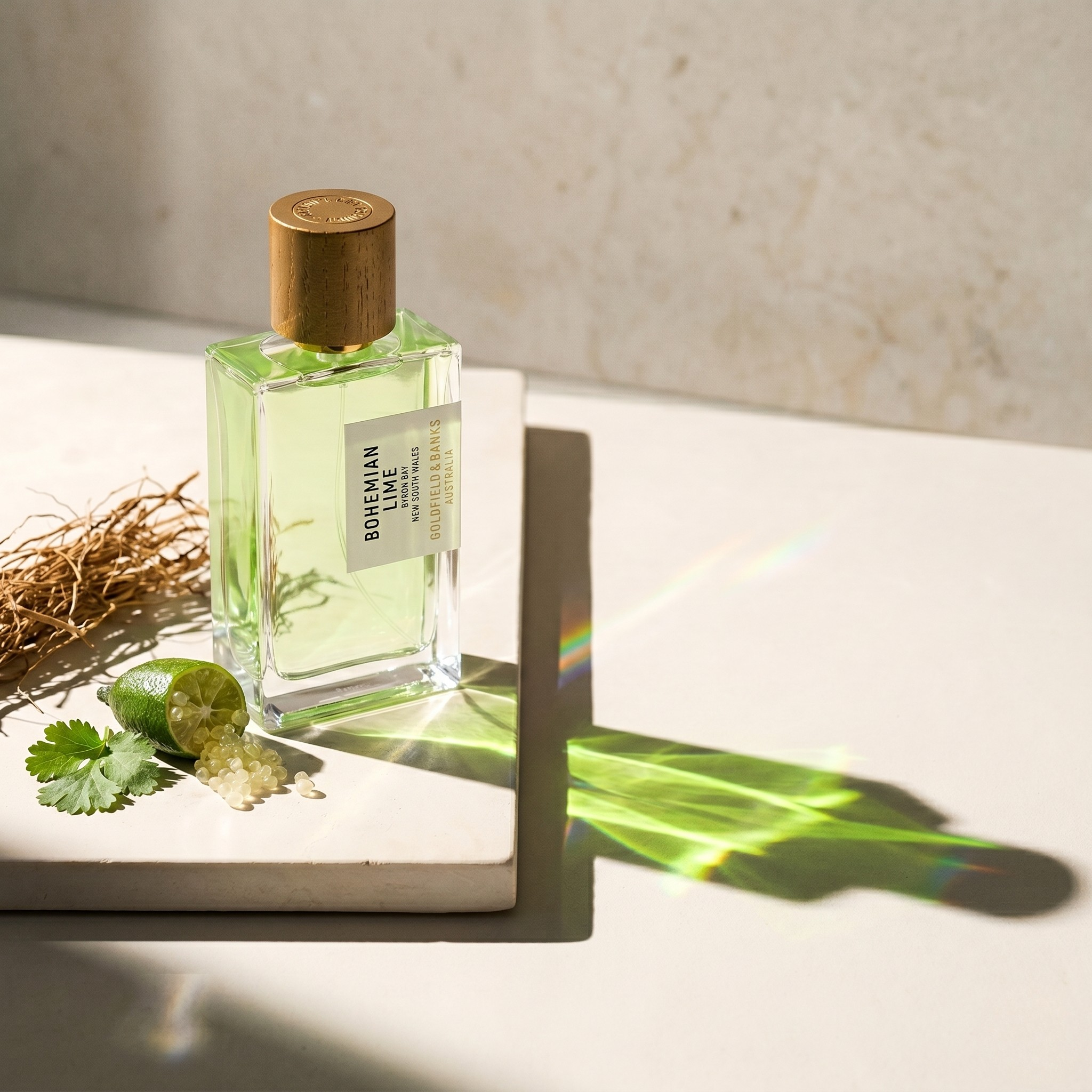 Goldfield and Banks Bohemian Lime green perfume bottle with finger lime pearls and coriander