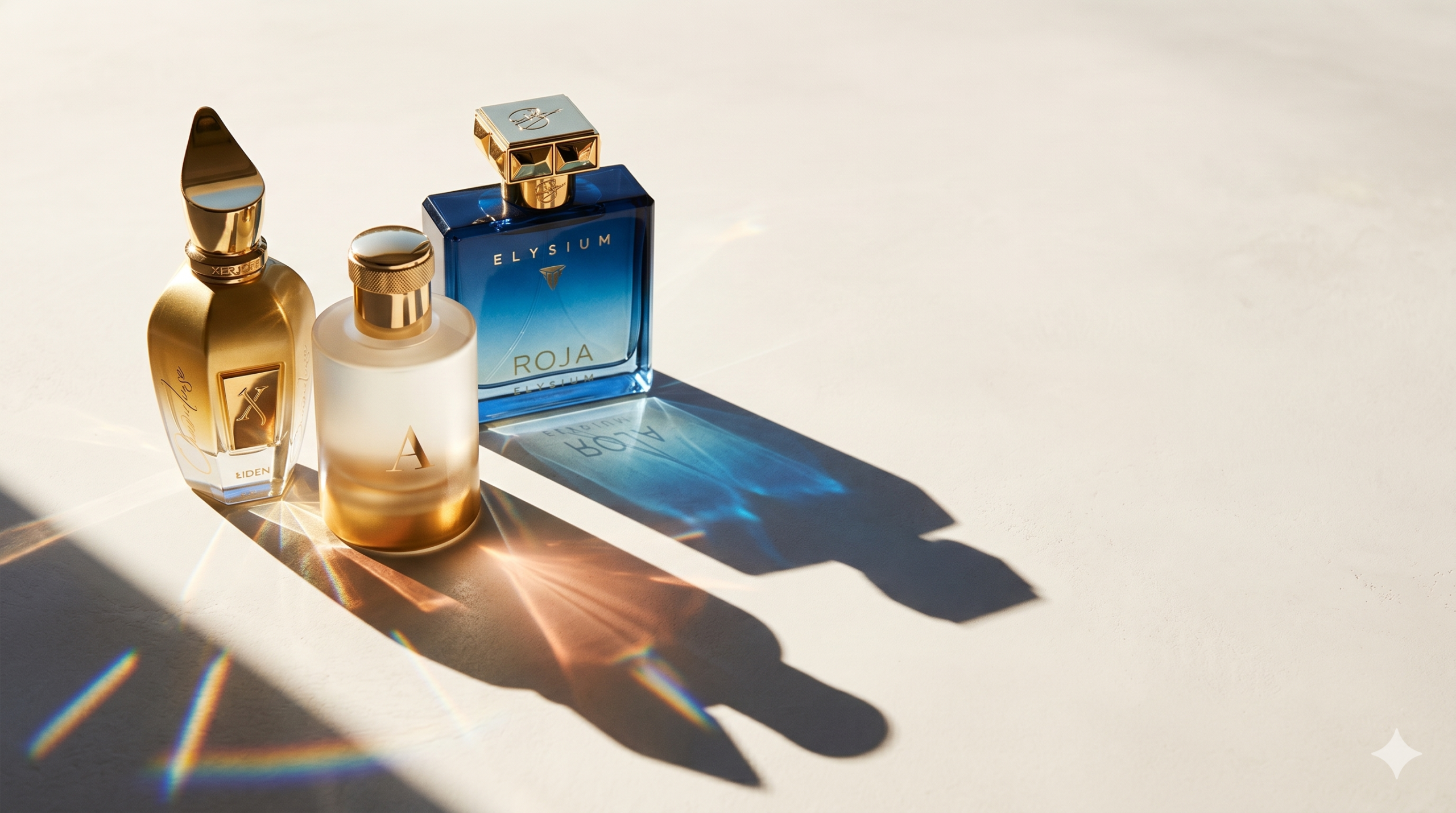 Xerjoff Uden Overdose, Roja Elysium and Pantheon Roma A niche spring perfume bottles in raking morning light with colored refractions across pale stone