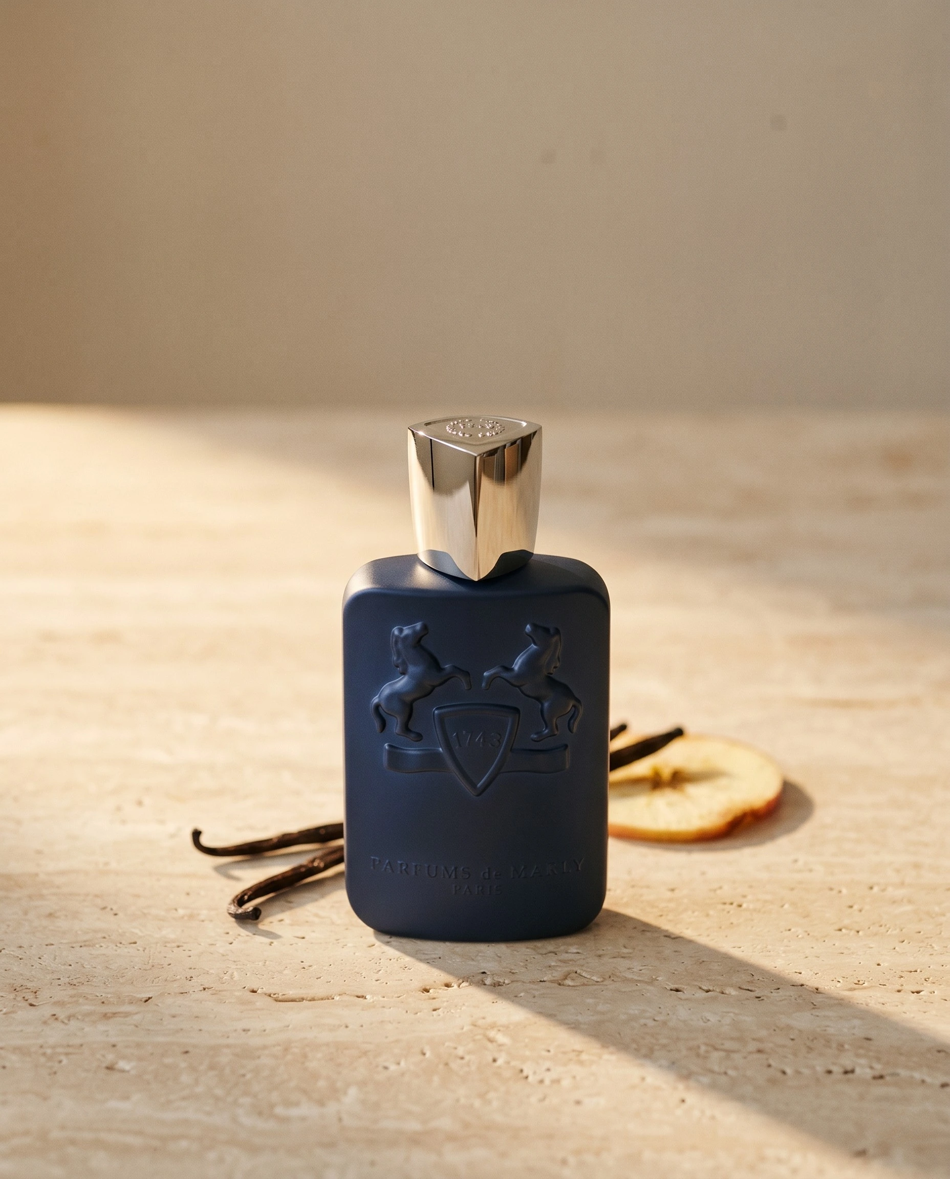 Parfums de Marly Layton, the royal-blue apple-and-vanilla bottle