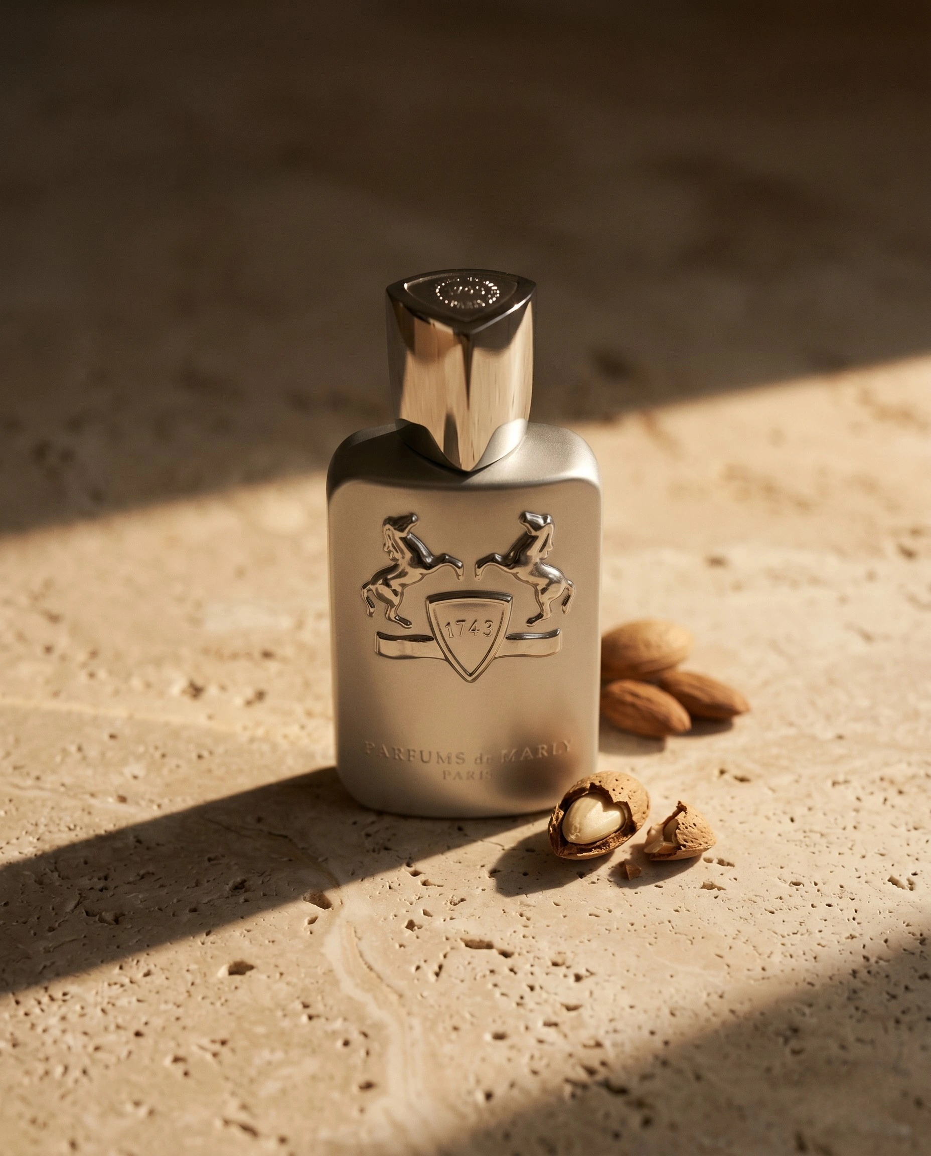 Parfums de Marly Pegasus, the silver almond-and-vanilla bottle