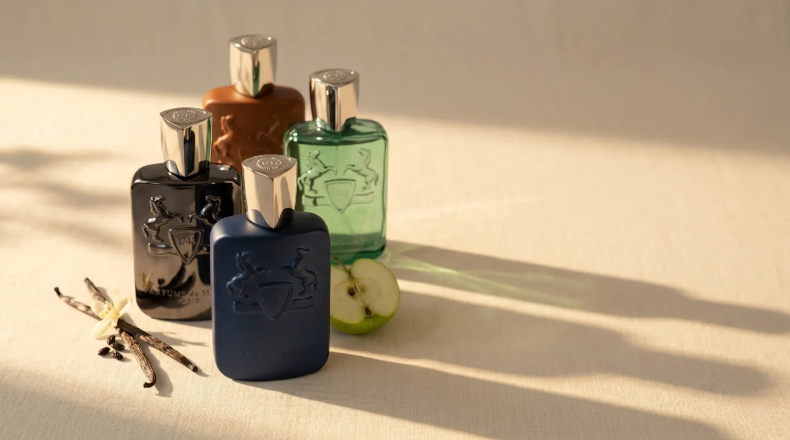 Four Parfums de Marly bottles, Layton, Herod, Greenley and Althair, on a cream editorial set